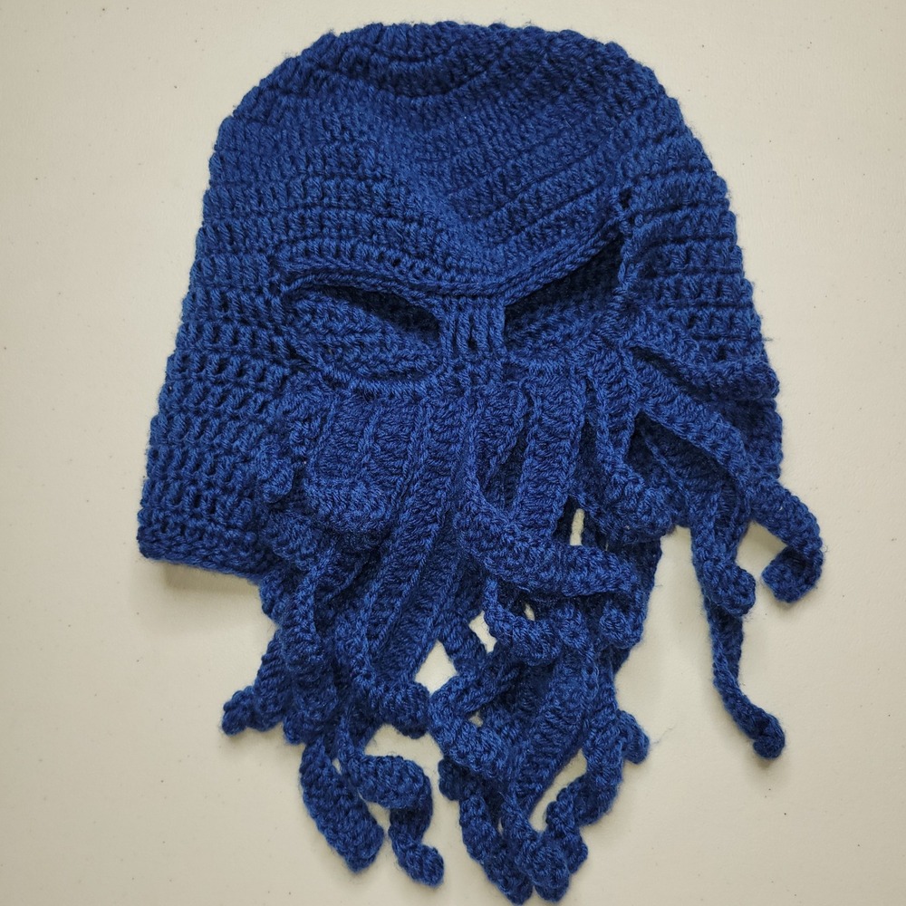 Handmade Crochet Cthulhu Balaclava Mask Blue Octopus‎ Kraken Tentacle Ski Mask